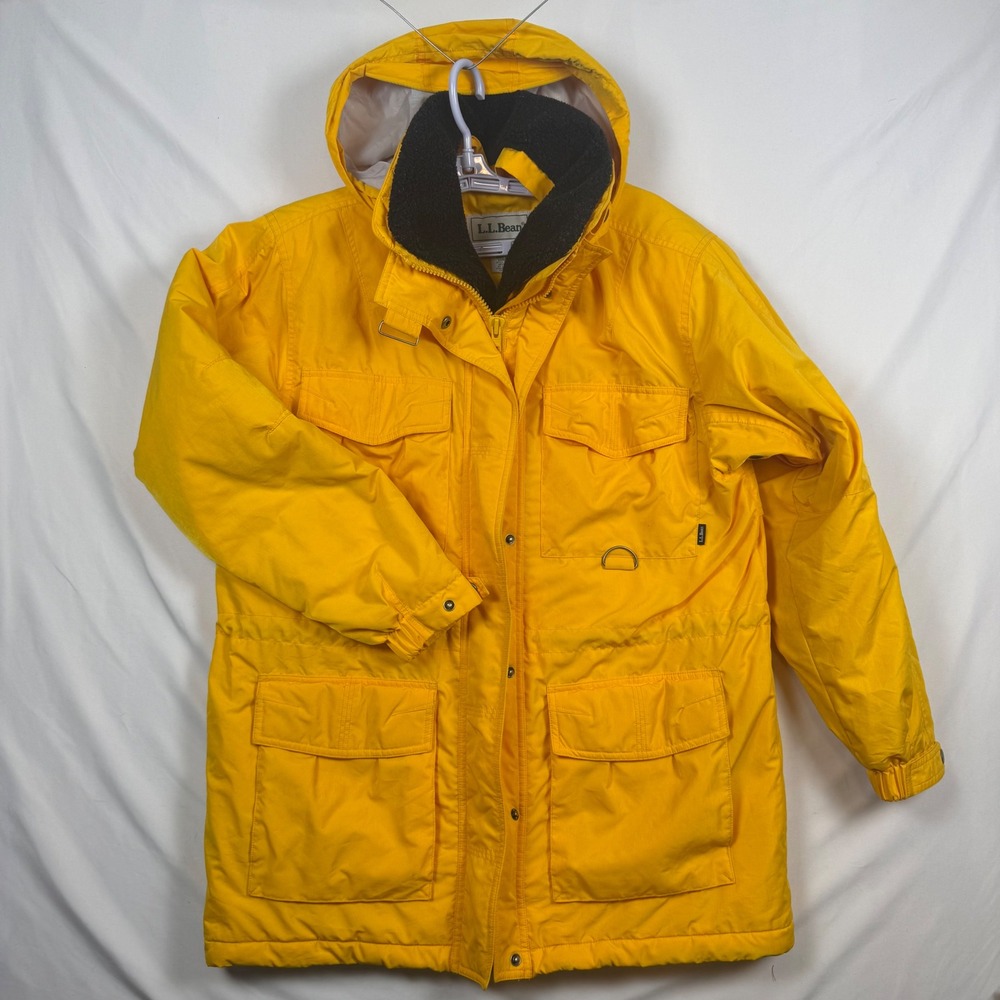 LL Bean Womens Medium Yellow Primaloft Insulated Hooded Parka Field Coat 0P177